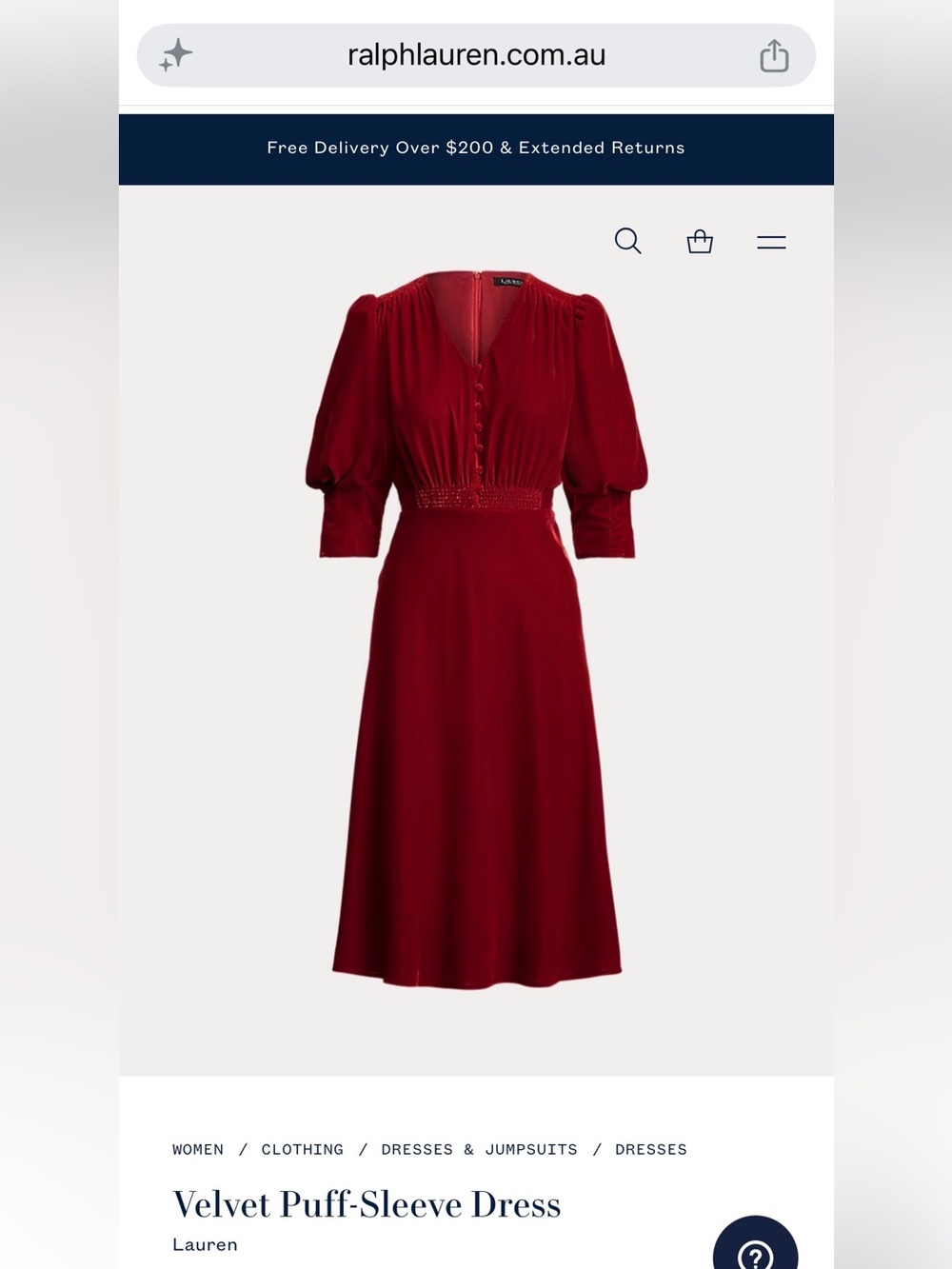Ralph Lauren Velvet Midi Dress in Deep Red with Puff Sleeves